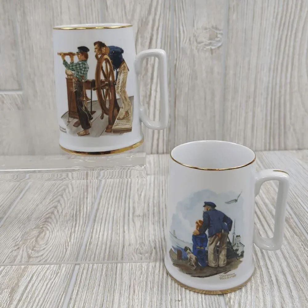 VTG 1985 Norman Rockwell Lot of 2 Collectors Cups Gold Trim Looking out to Sea